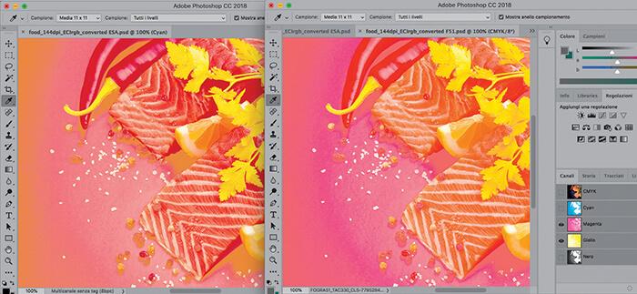 On the left we see the three channels M + Y + Orange and to the right, for the Fogra 51, the M + Y. The color power (saturation) of the multichannel on the left is due to the addition of the Orange. Note, in particular, the three-dimensionality of the lemon wedge. 