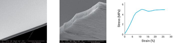 Figure 2 a, b) SEM image of the PLGA coating c) stress/strain deformation curve.